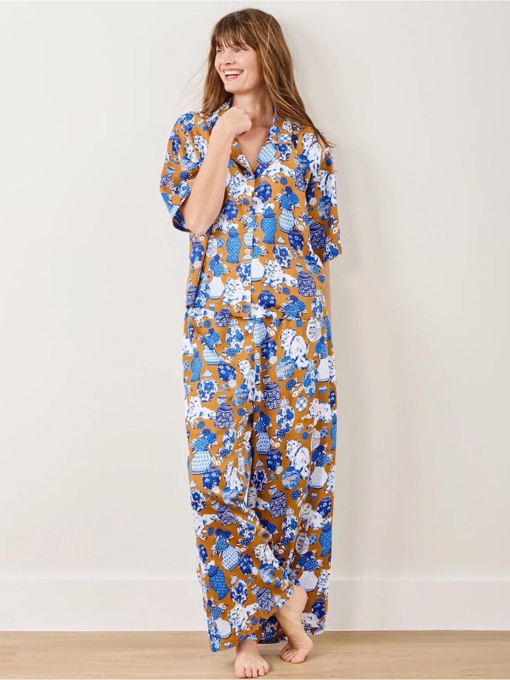 Printfresh Fancy Cat Satin Wildest Dreams Pajama Set in Tobacco - Picture 2 of 7